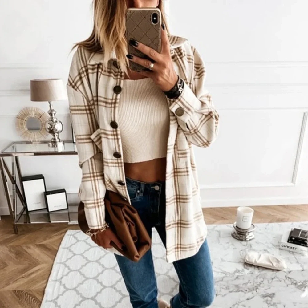 LAST 1 tan cream plaid soft button down flannel long sleeve light top CLEARANCE - Picture 2 of 5